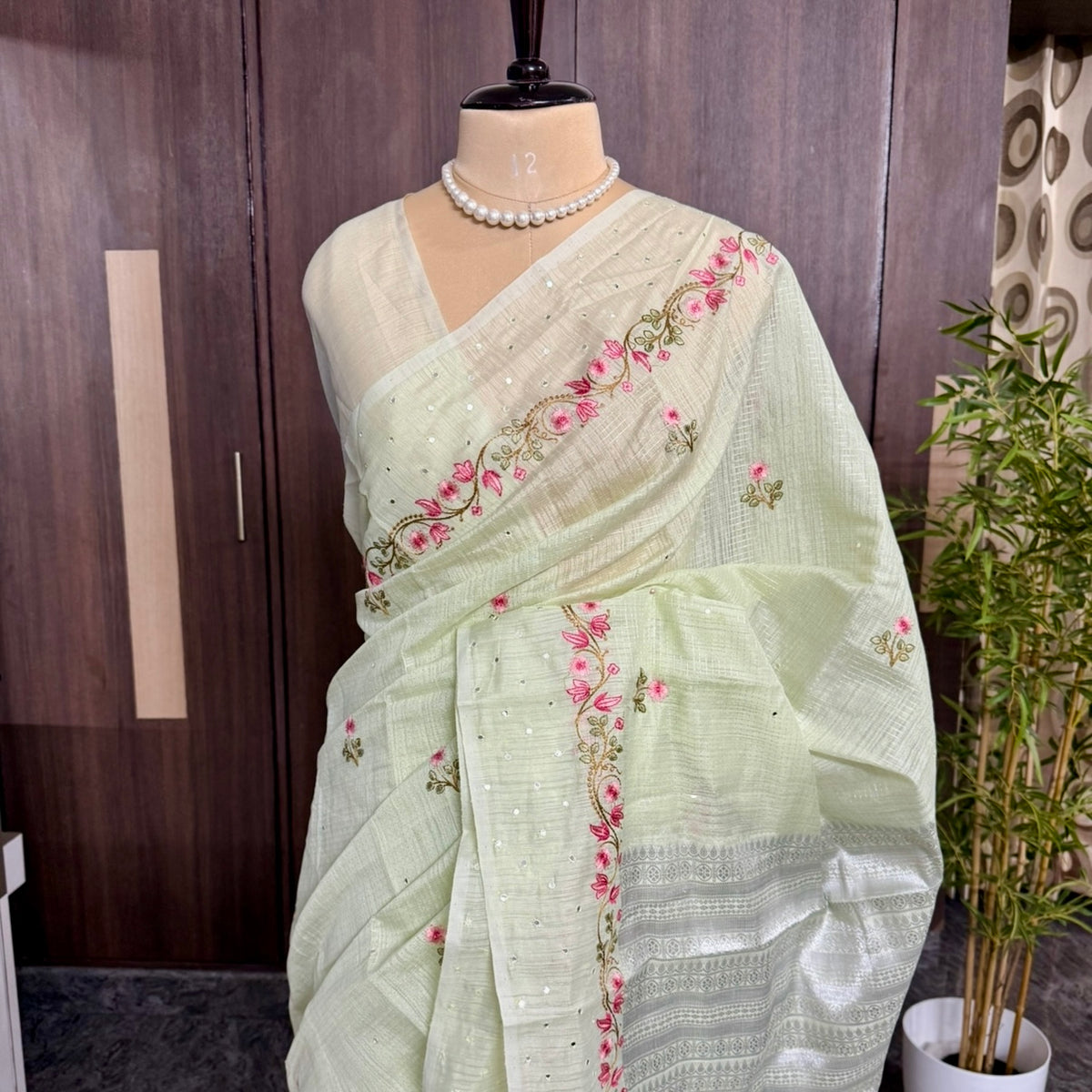Pista Green Pink Floral Embroidery Linen Mirror Saree
