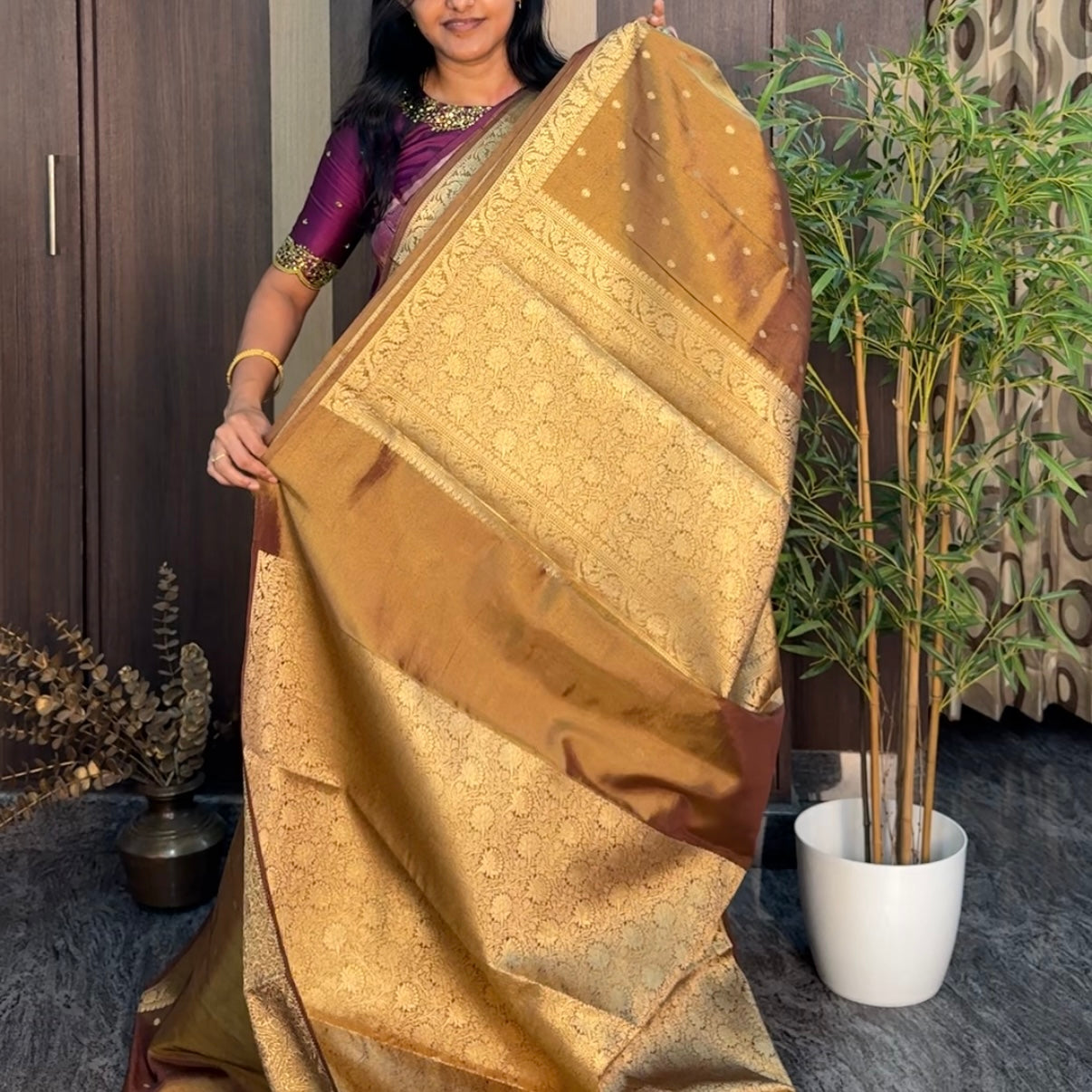 Metallic Copper Brown Tissue Silk Saree