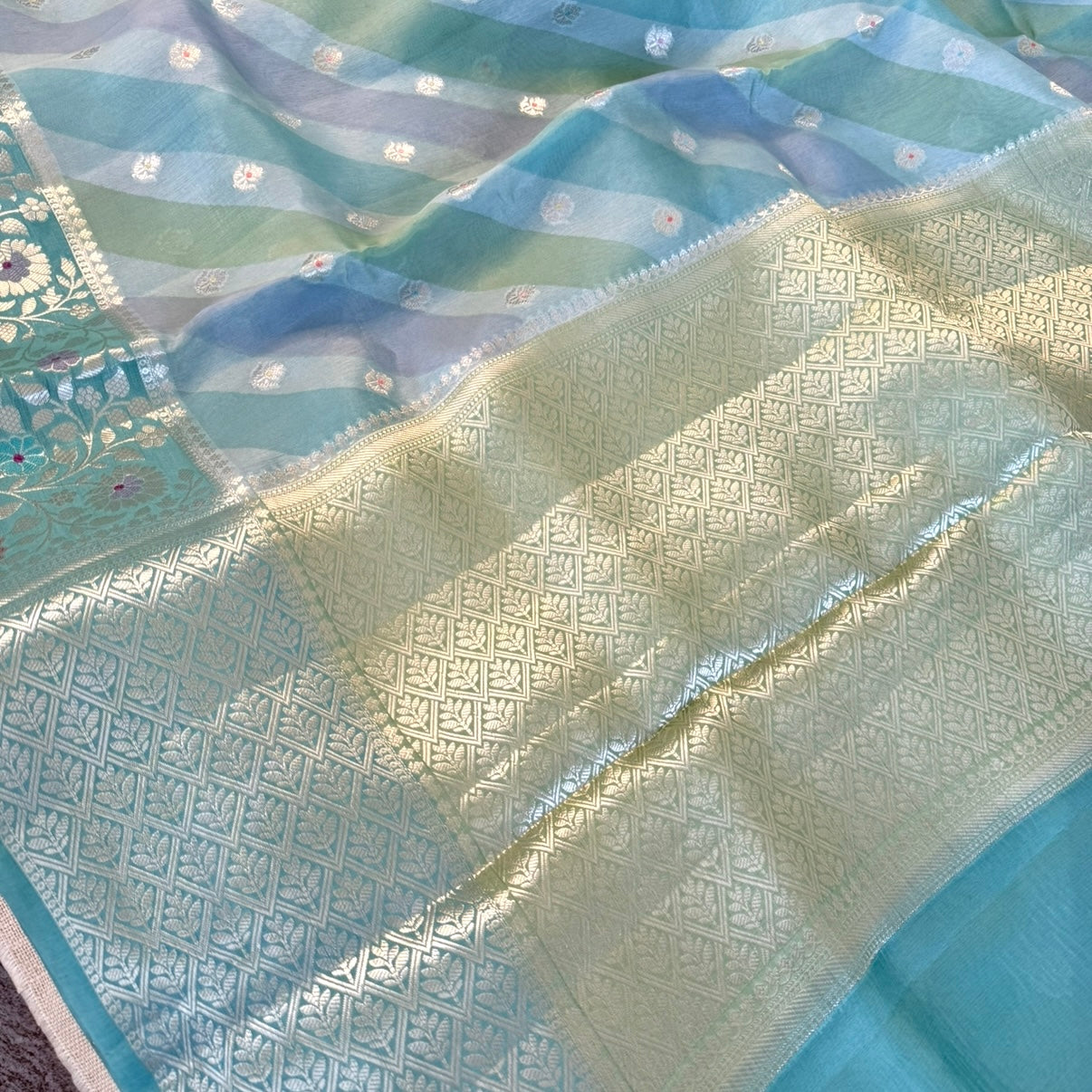 Soft pastel Aqua Floral Kora Silk Saree