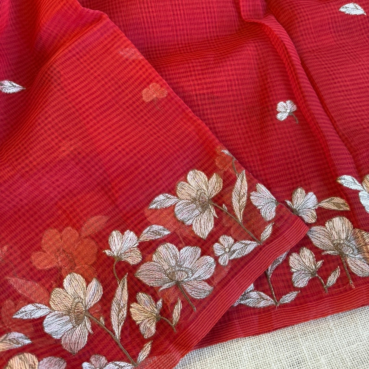 Vibrant Orange Kota Embroidery Saree