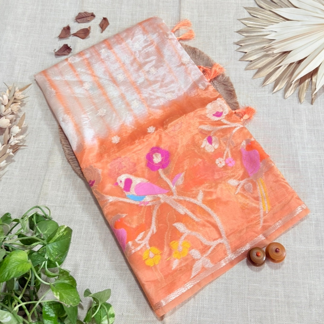 Orange Off White Floral Paper Silk Saree