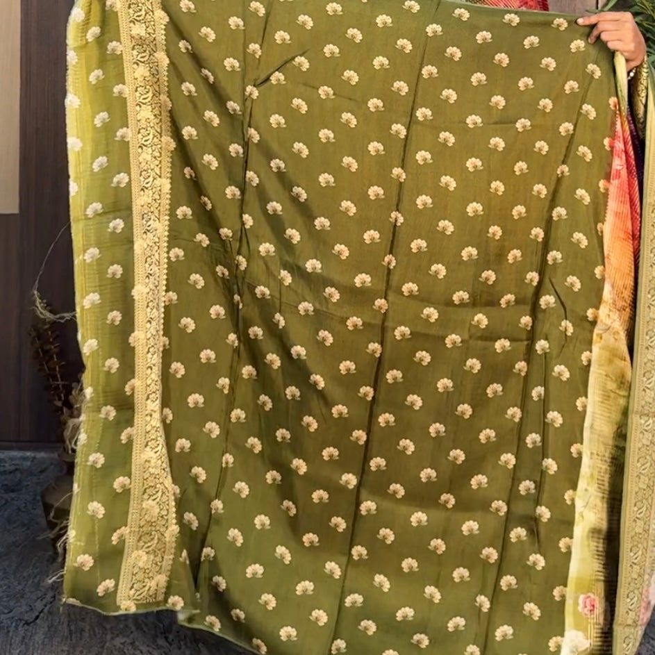 Green with Red Pure Dola Crepe Silk Saree