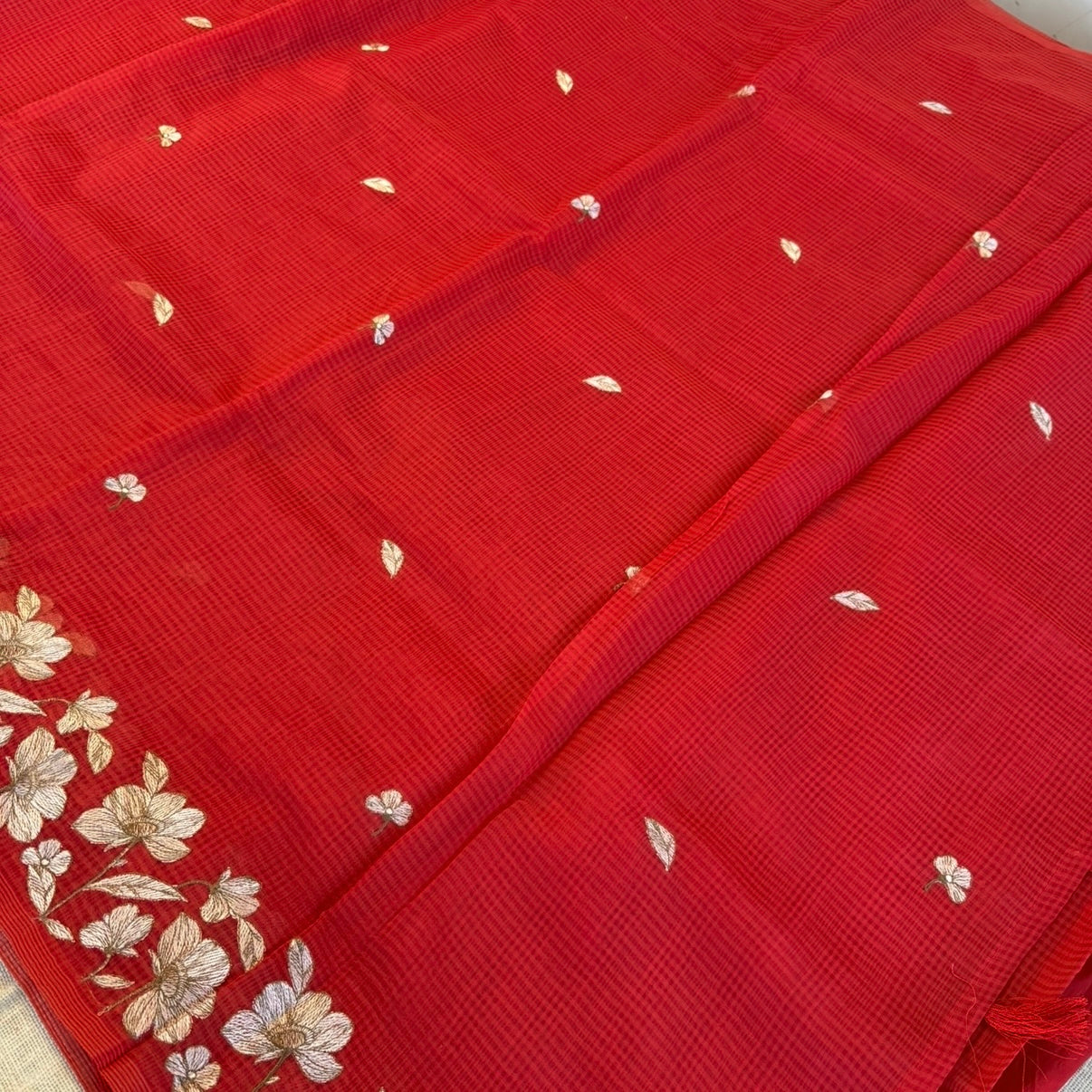 Vibrant Orange Kota Embroidery Saree