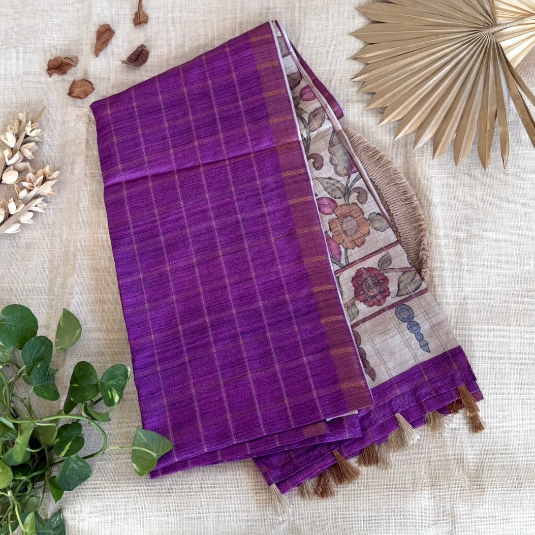 Magenta Checks Kalamkari Semi Tussar Saree