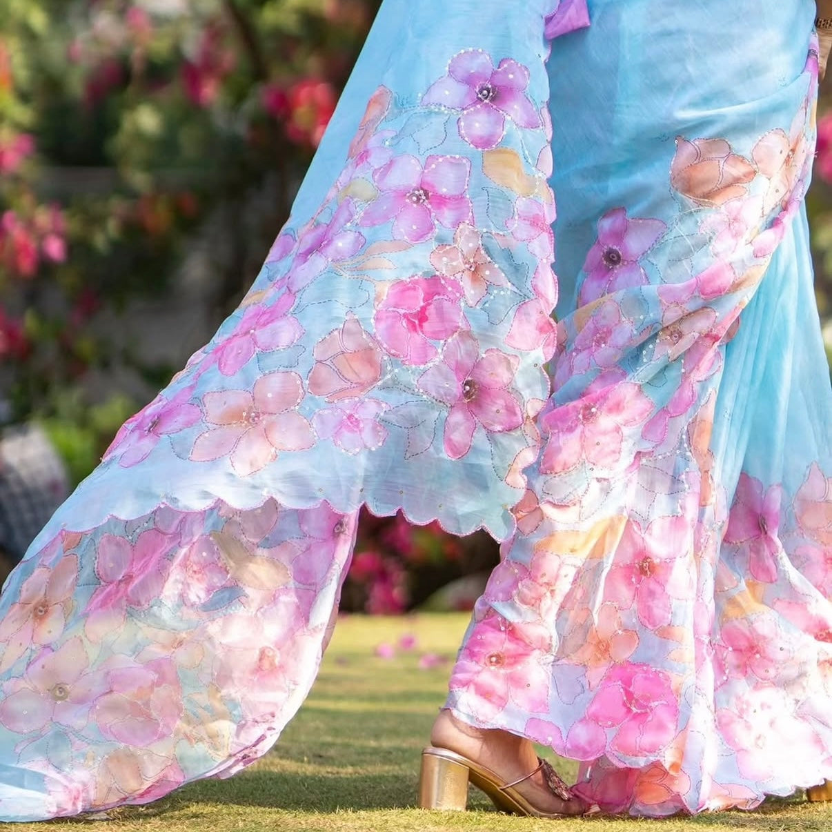 Sky Blue Floral Embroidery Linen Sequin Saree