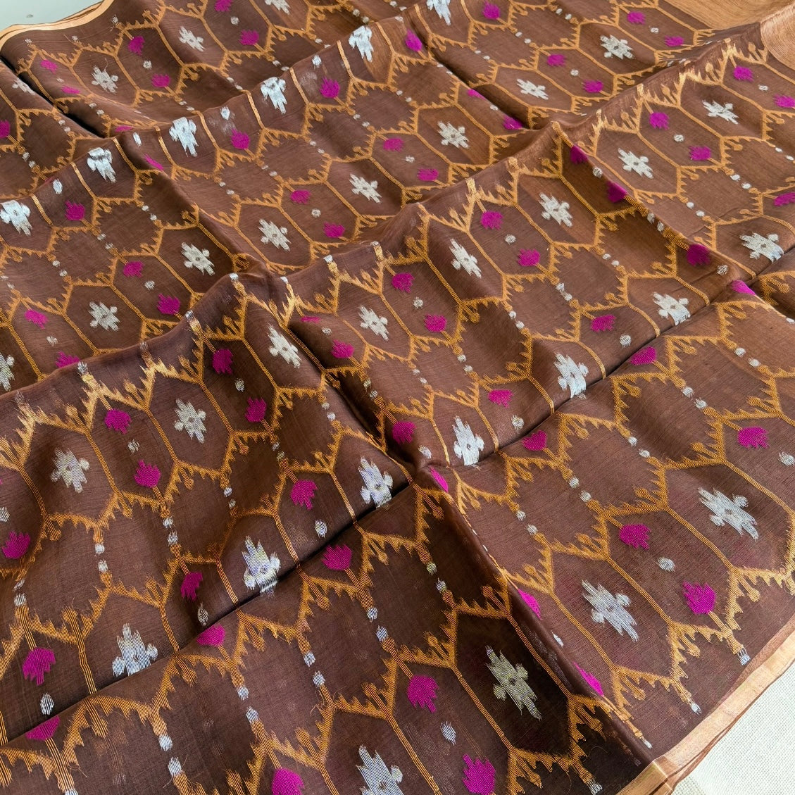 Brown Pure Muslin Dhakai Jamdhani Saree