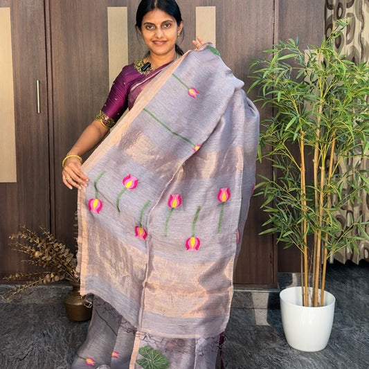 Warm Grey Tussar Linen Lotus Jamdhani Silk Saree