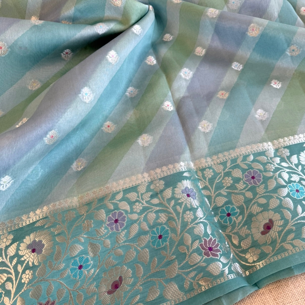 Soft pastel Aqua Floral Kora Silk Saree