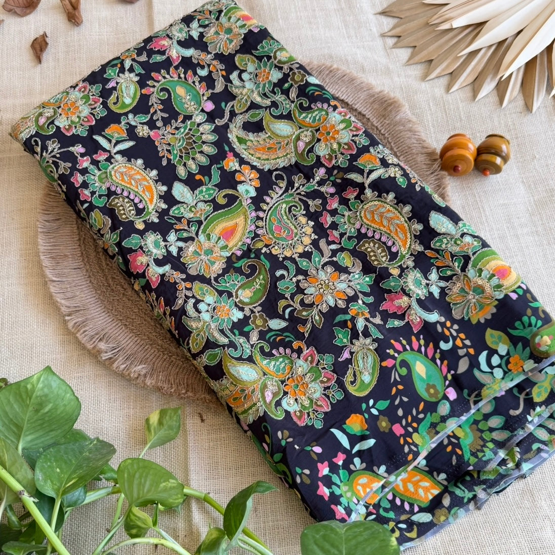 Black Designer Paisley Floral Embroidery Crepe Blouse Fabric