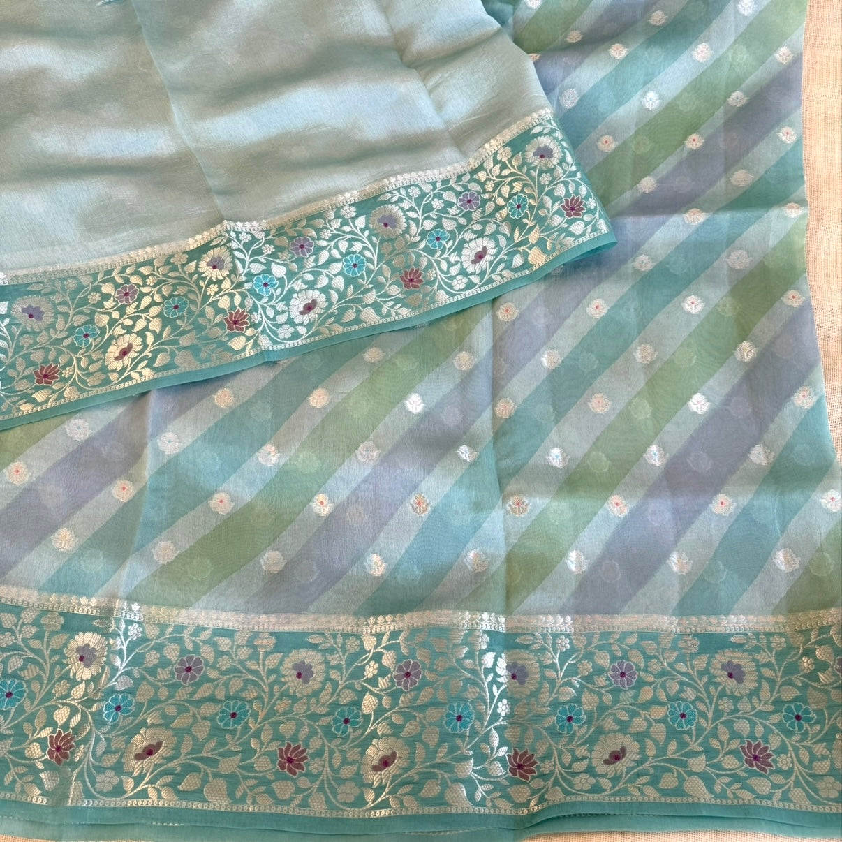 Soft pastel Aqua Floral Kora Silk Saree