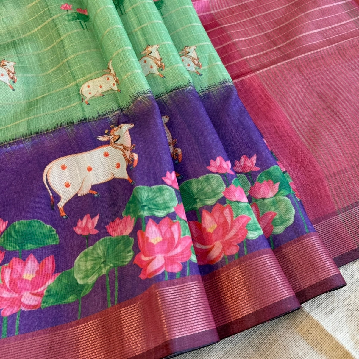 Green Purple Pichwai lotus cow Semi Tussar Saree