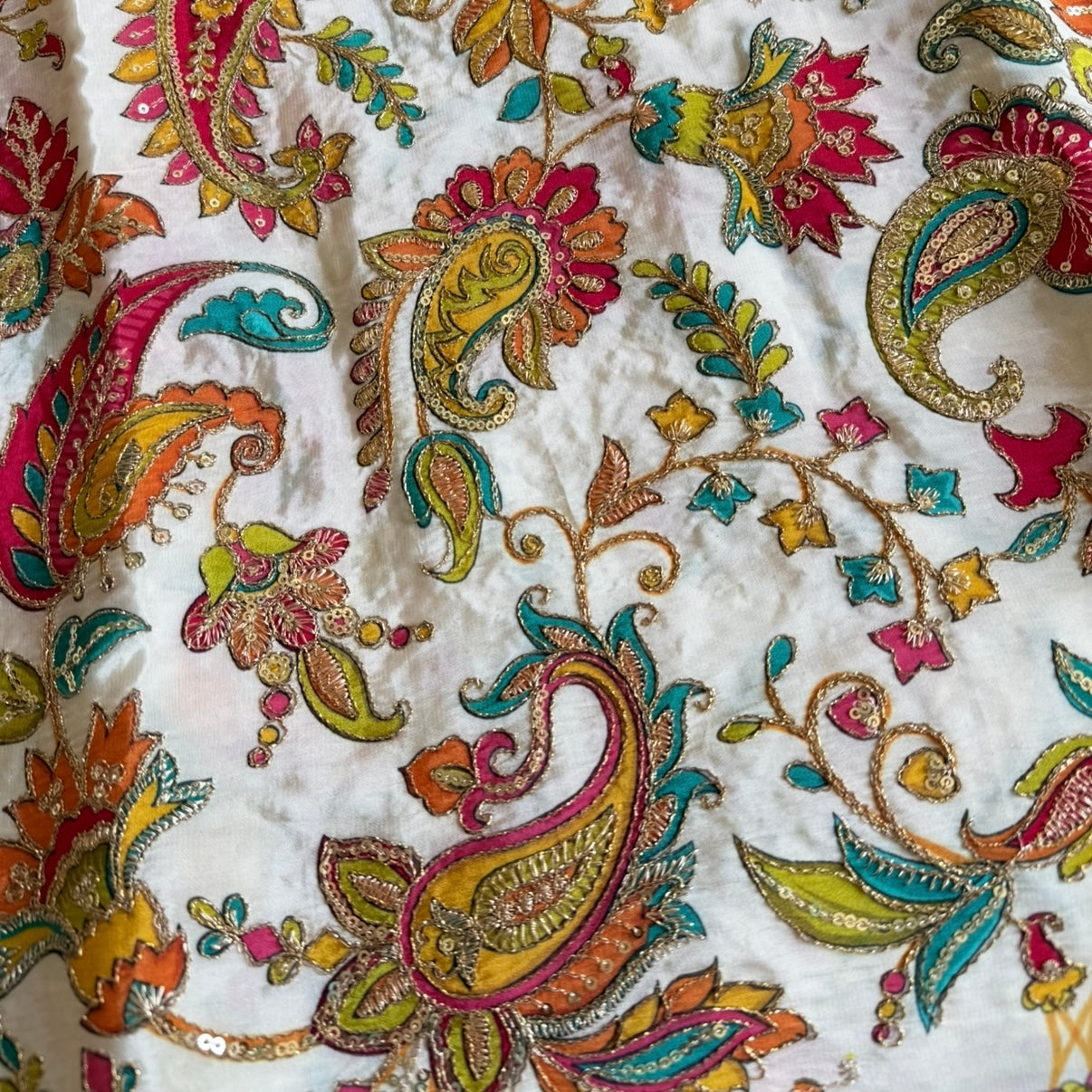 Cream Rich Paisley &Floral Embroidery Designer Crepe Blouse Fabric