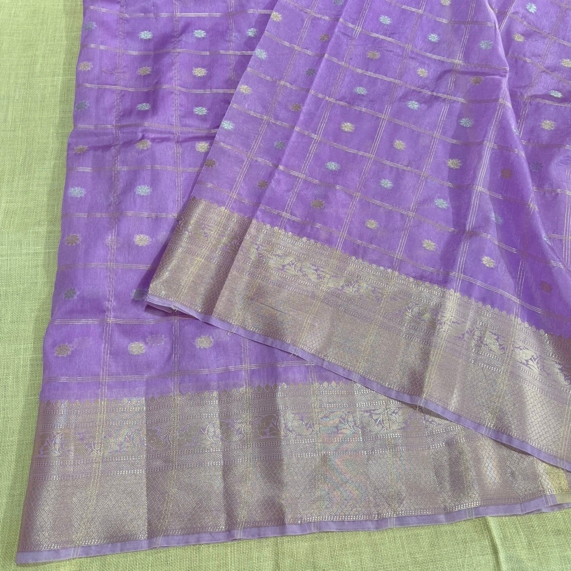 Lilac Checked Kora Silk Saree