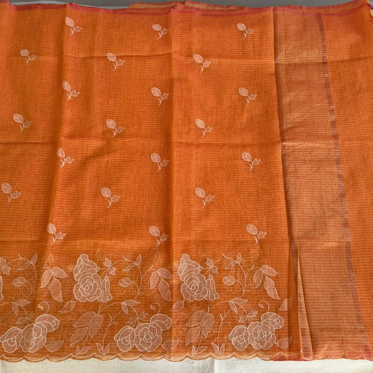 Orange Kota Tissue Embroidery Saree