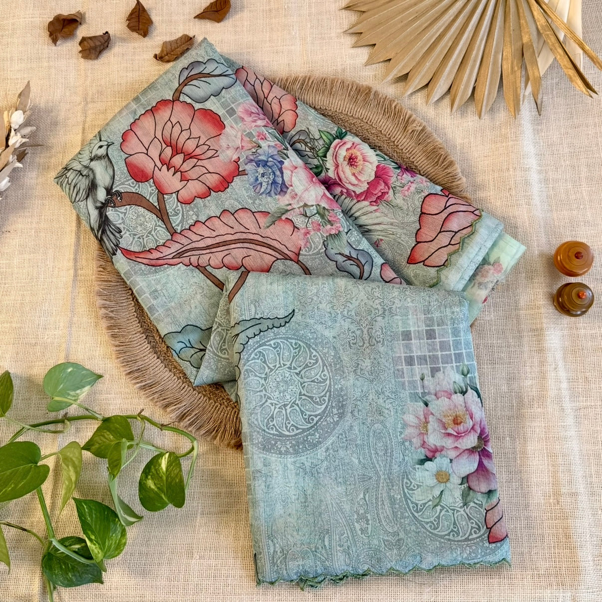 Sea Green Floral Mandala Semi Tussar Saree