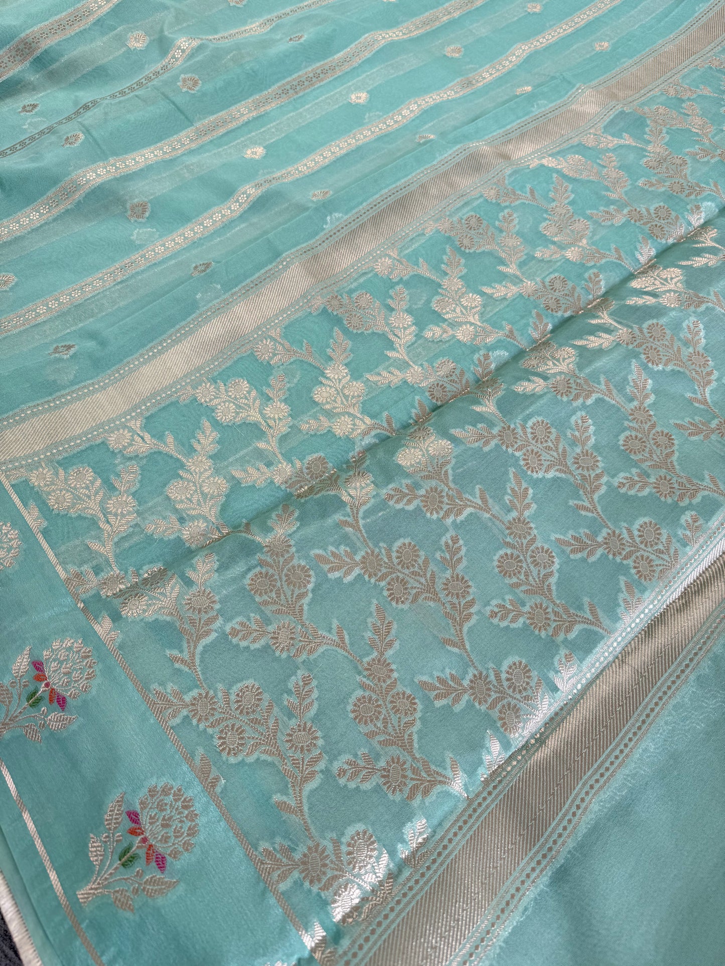Turquoise Stripes Meena Georgette Saree