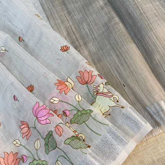 Off White Pichwai Tissue Semi Tussar Saree