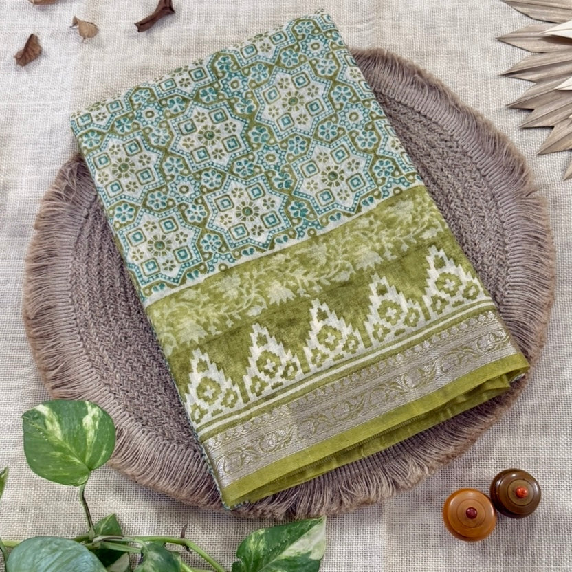 Green Ajrakh inspired Maheshwari silk cotton saree for office wear