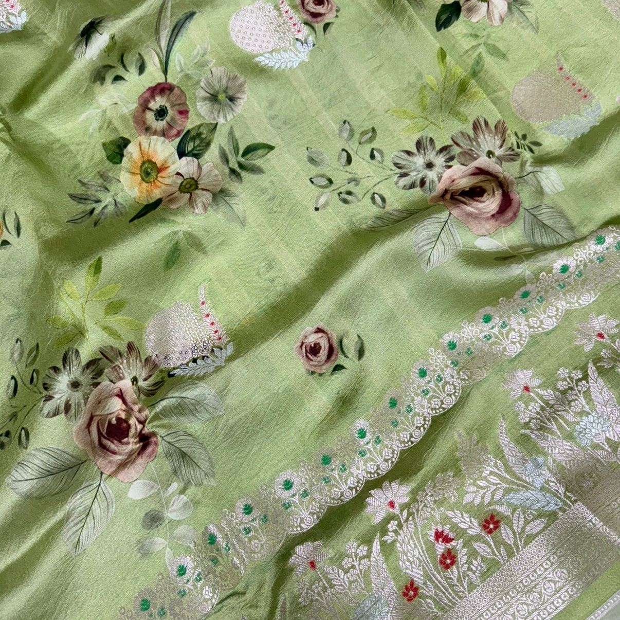 Mint Sage Floral Digital Raw Mango Silk Saree