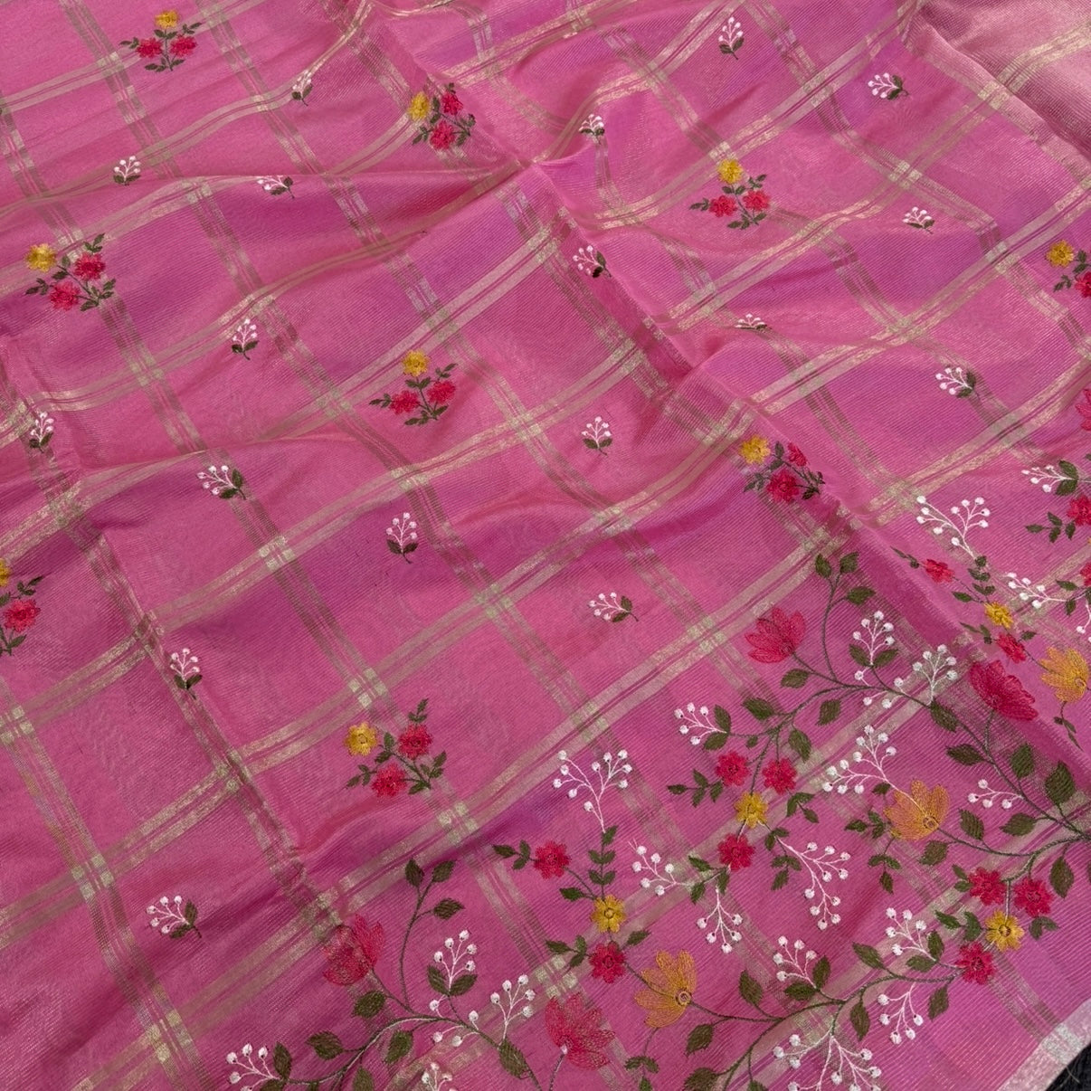 Pink Chekcs Floral Embroidery Semi Tussar Saree
