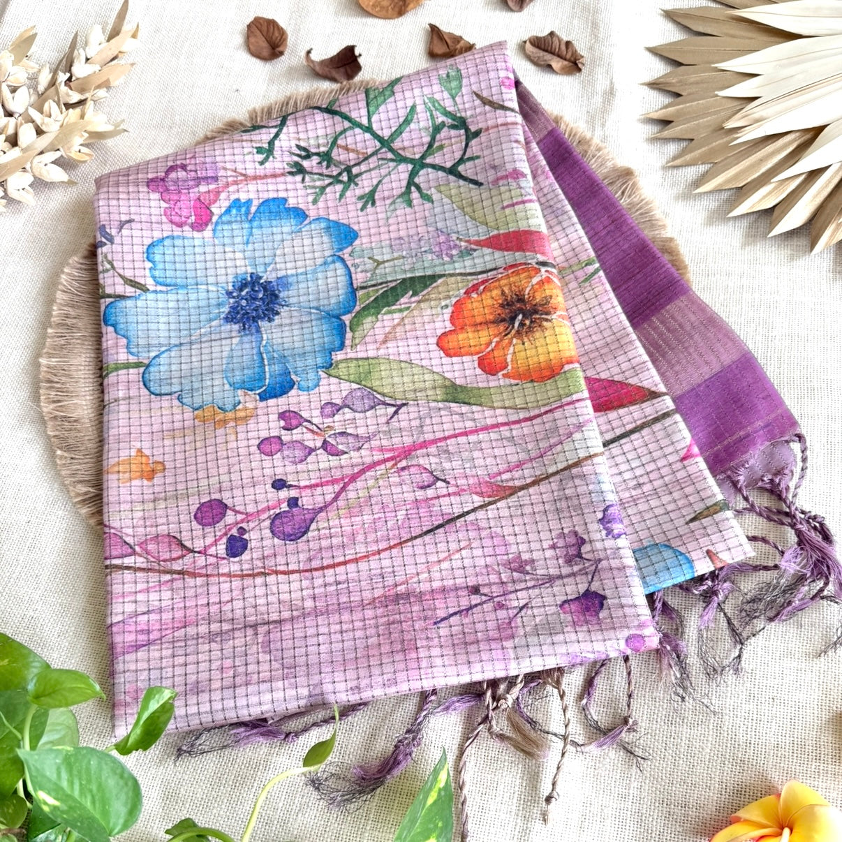 Pink Floral Kota Checks Tussar Saree