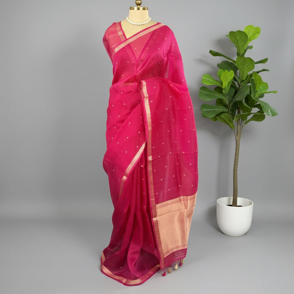Vibrant Rani Pink Pure Kora Silk Saree