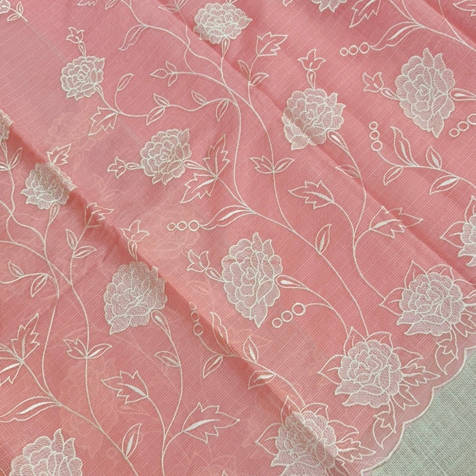 Peach Kota Embroidery Saree Scallop border 