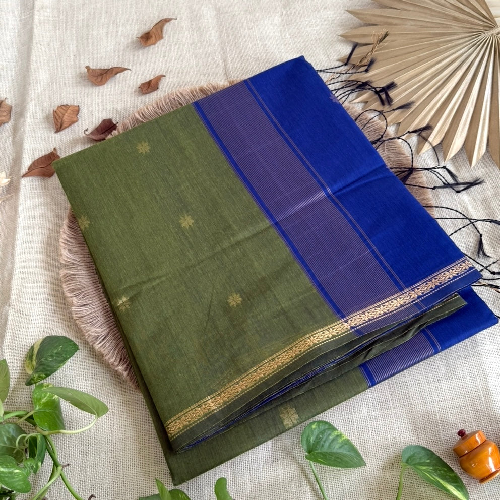 Green with Dark Blue Maheshwari Pure Cotton Saree