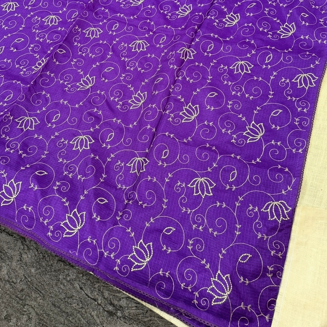 Purple Kota cotton saree with scallop border and blouse piece