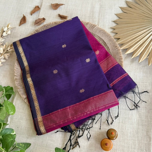 Purple Maheshwari silk cotton saree with pink pallu and gold zari butta