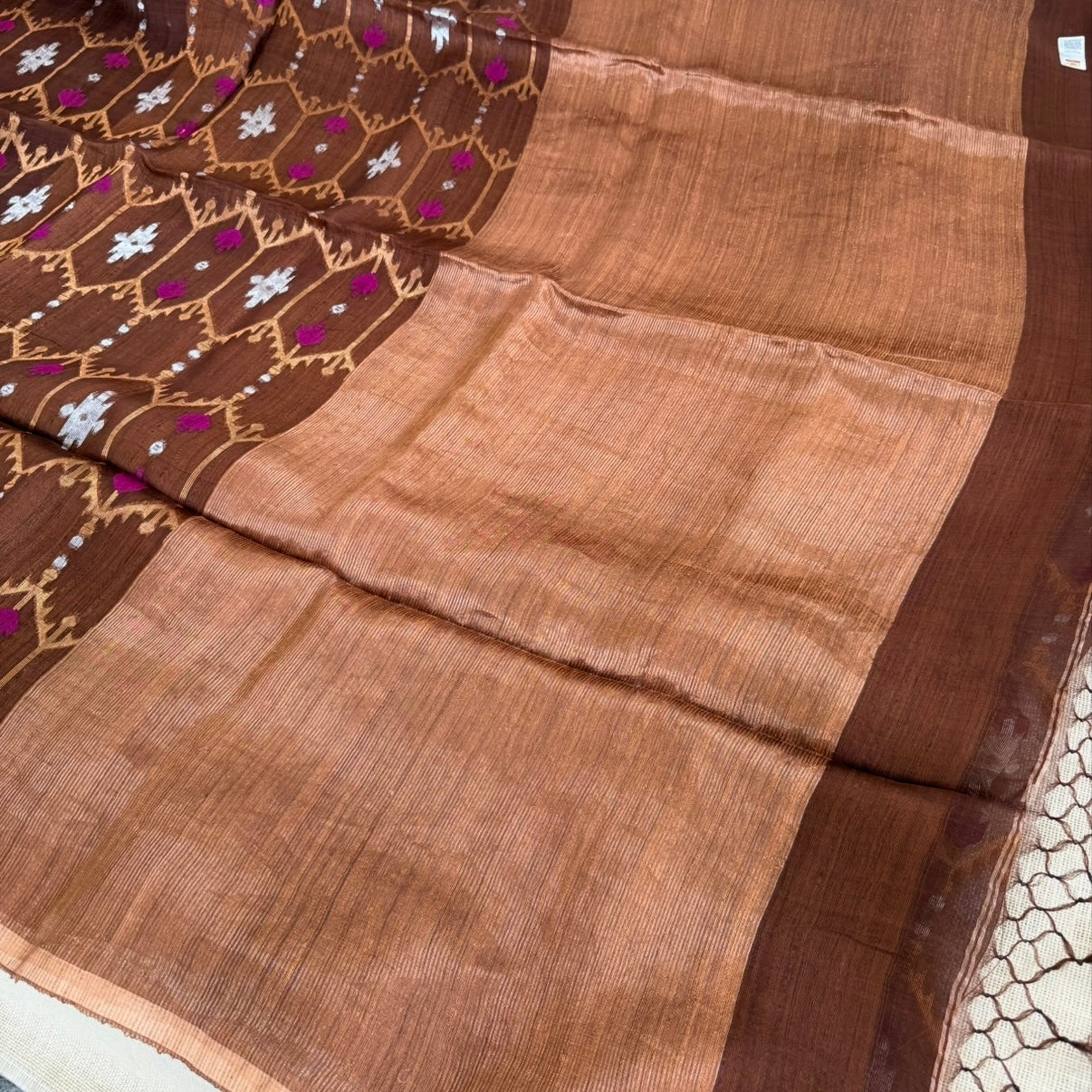 Brown Pure Muslin Dhakai Jamdhani Saree
