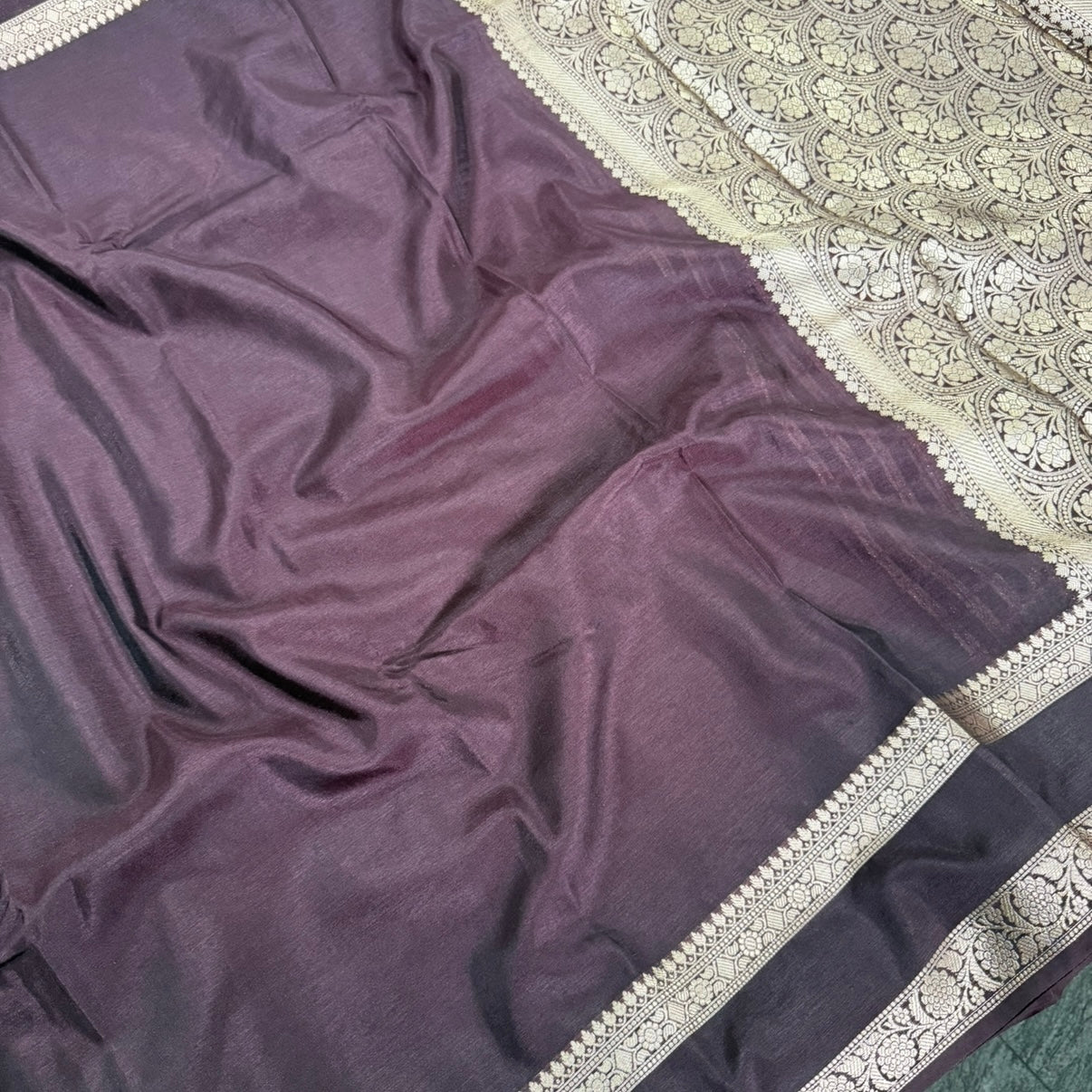 Coffee Brown Plain Raw Silk Saree Checked Blouse