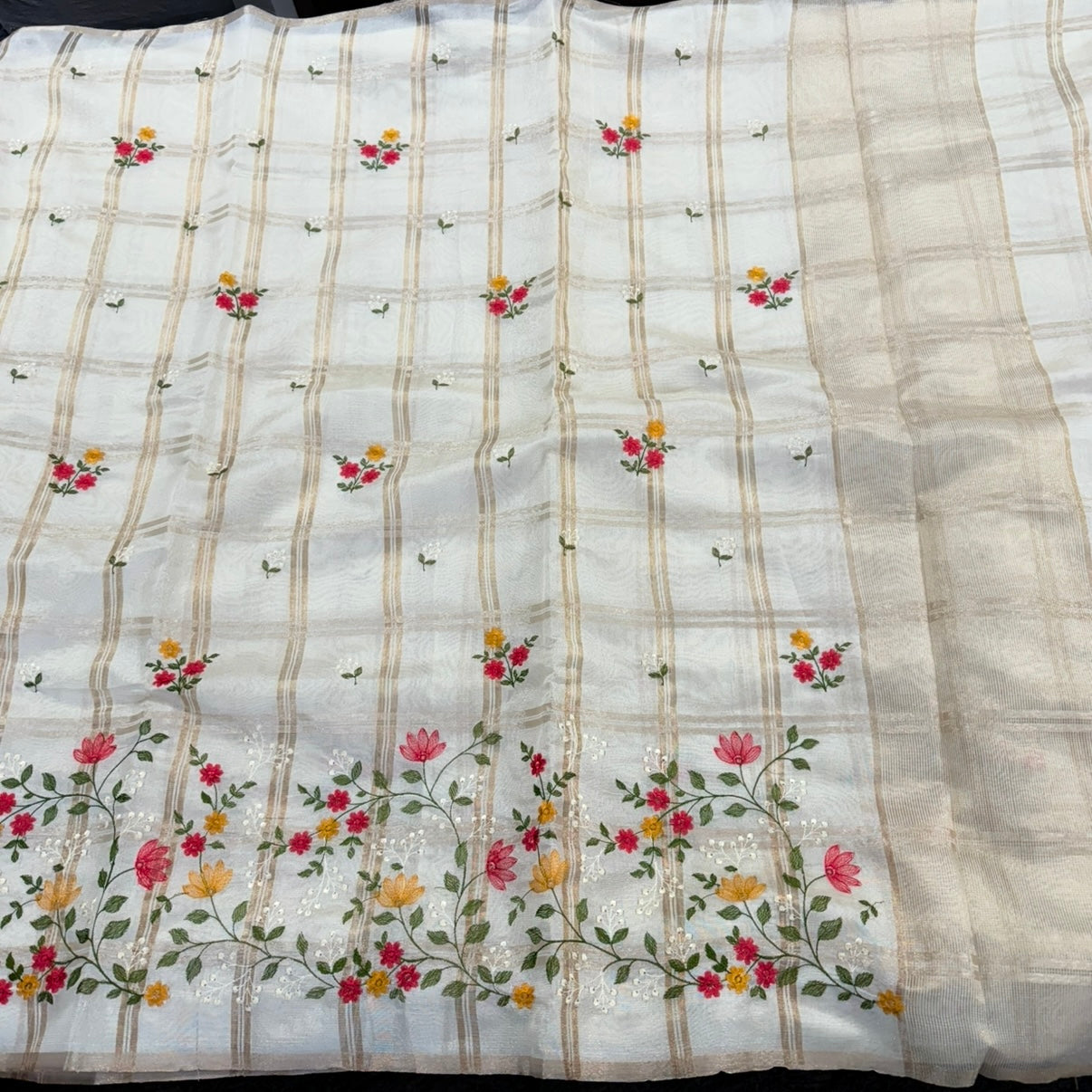 Off white Checks Floral Embroidery Semi Tussar Saree
