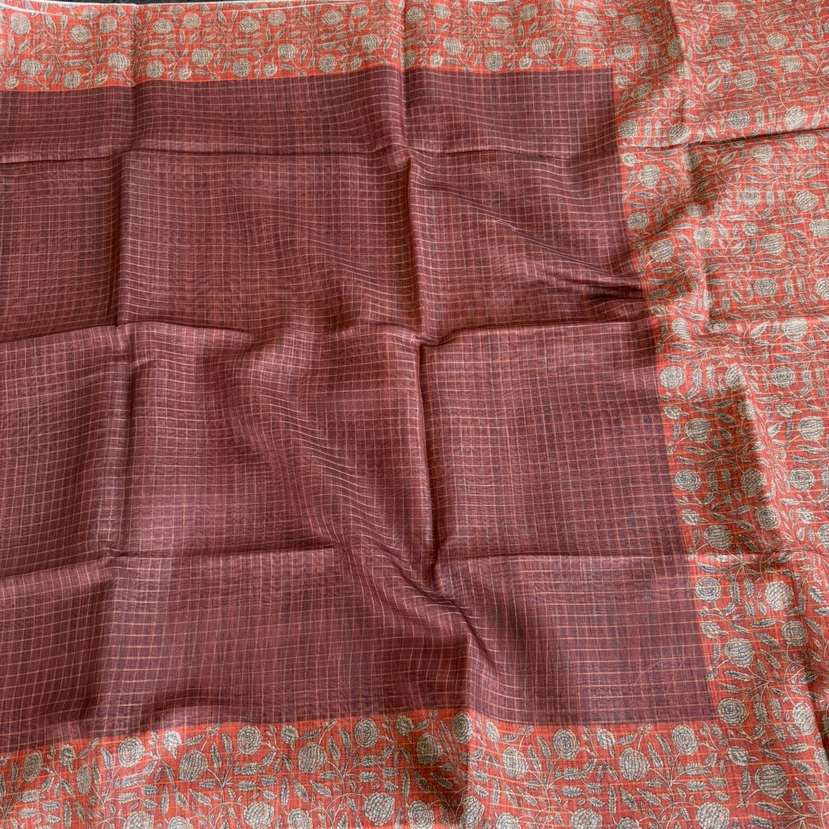 Brown n Orange Checked Semi Tussar Saree