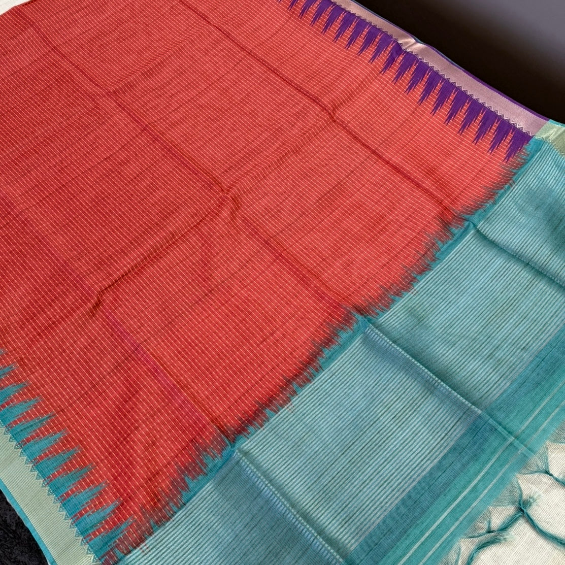 Coral Red with Aqua Blue Semi Tussar Saree