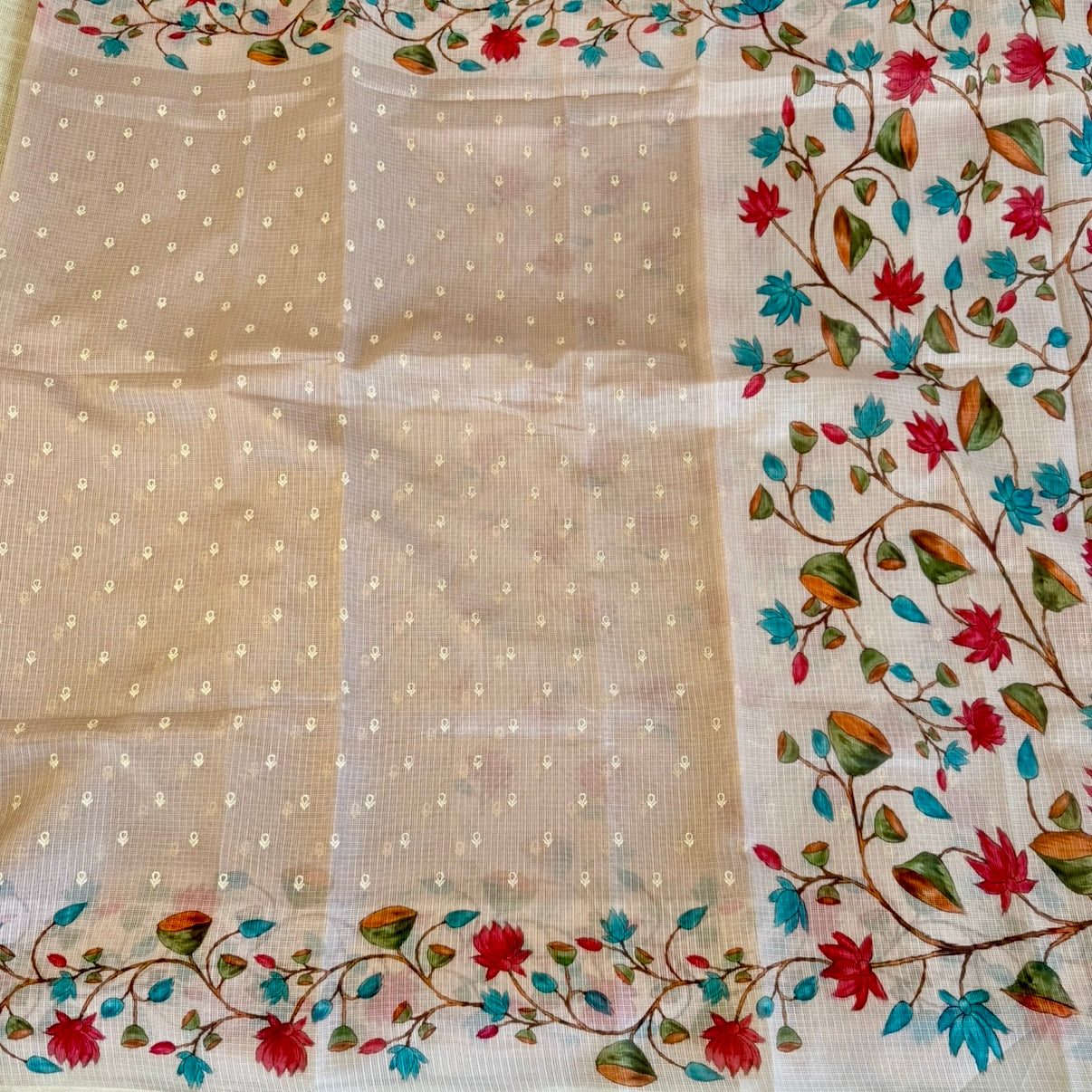 Beige Floral Embroidery Fancy Saree