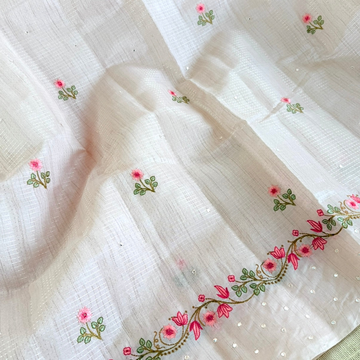 White Floral Embroidery Linen Mirror Saree