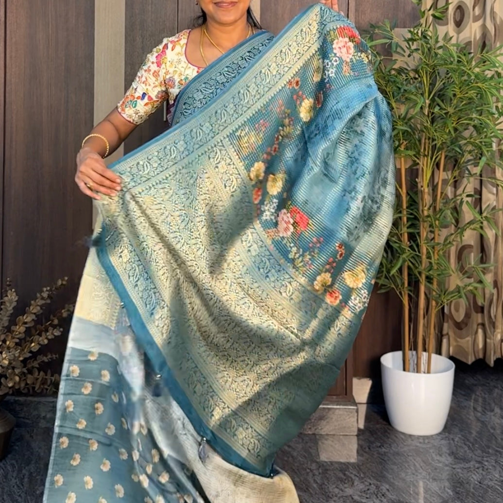Yellow with Sky Blue Pure Dola Crepe Silk Saree