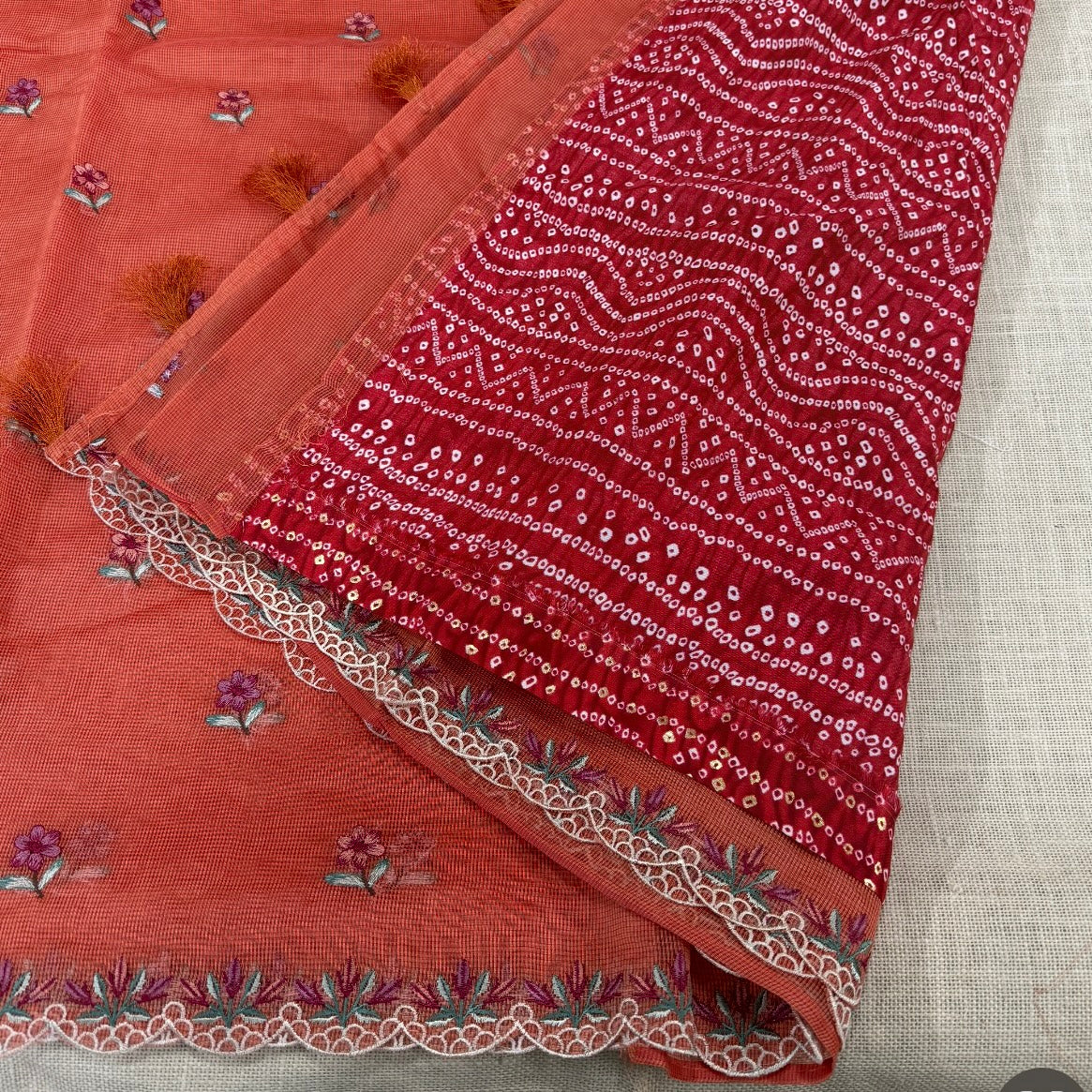 Orange Kota Scallop Embroidery Saree