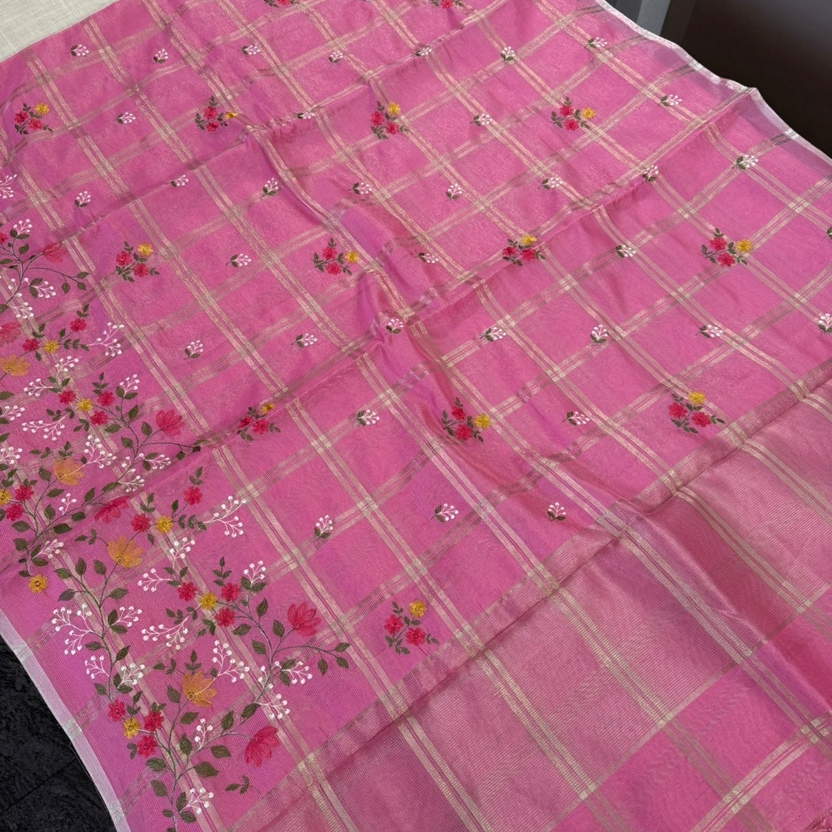 Pink Chekcs Floral Embroidery Semi Tussar Saree