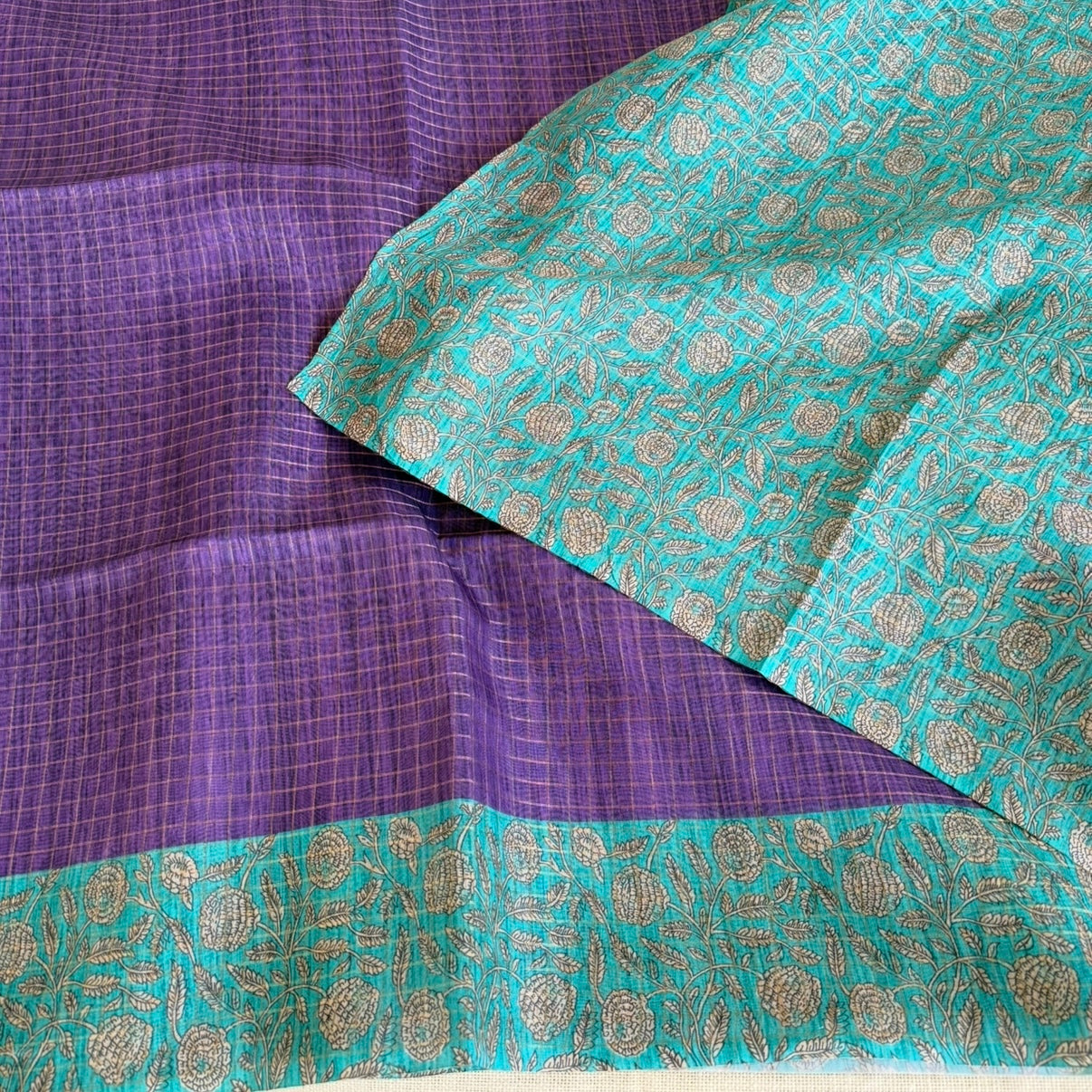 Purple n Blue Checked Semi Tussar Saree