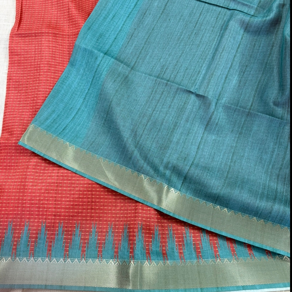 Coral Red with Aqua Blue Semi Tussar Saree