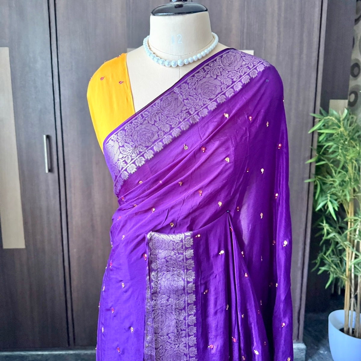 Purple viscose chinnon mirror work saree with gold zari woven border – Vini's Ethnic