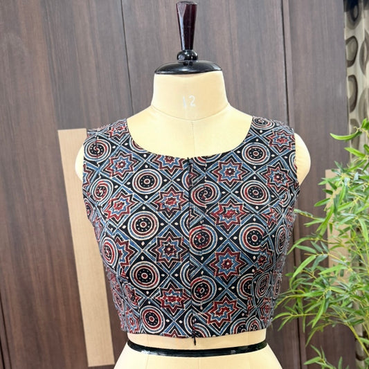 Black with Rust Red Ajrakh Printed Cotton Blouse