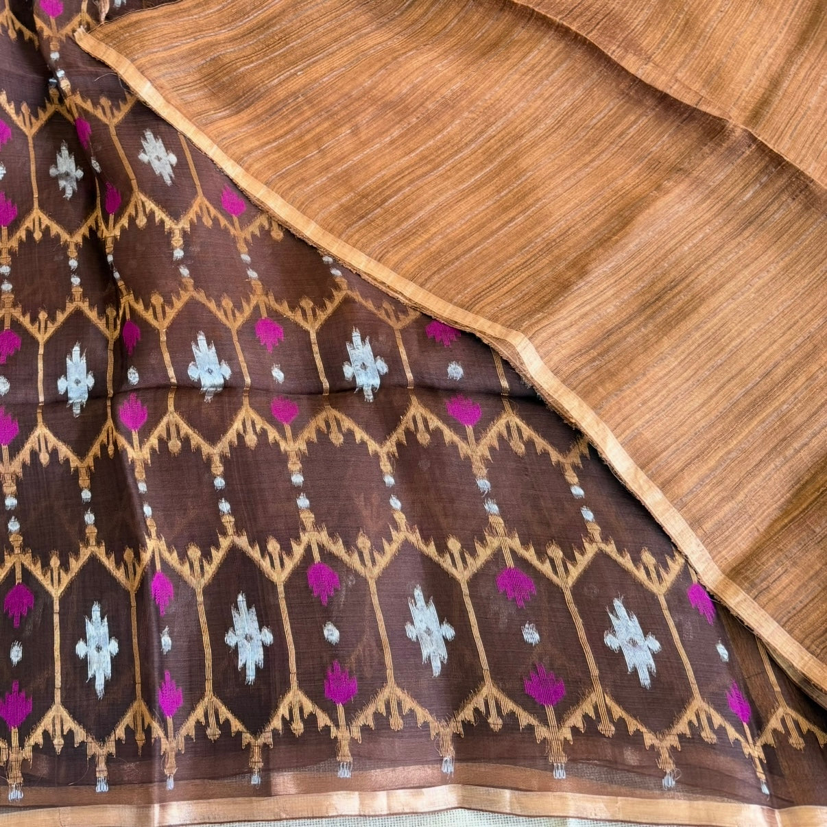 Brown Pure Muslin Dhakai Jamdhani Saree