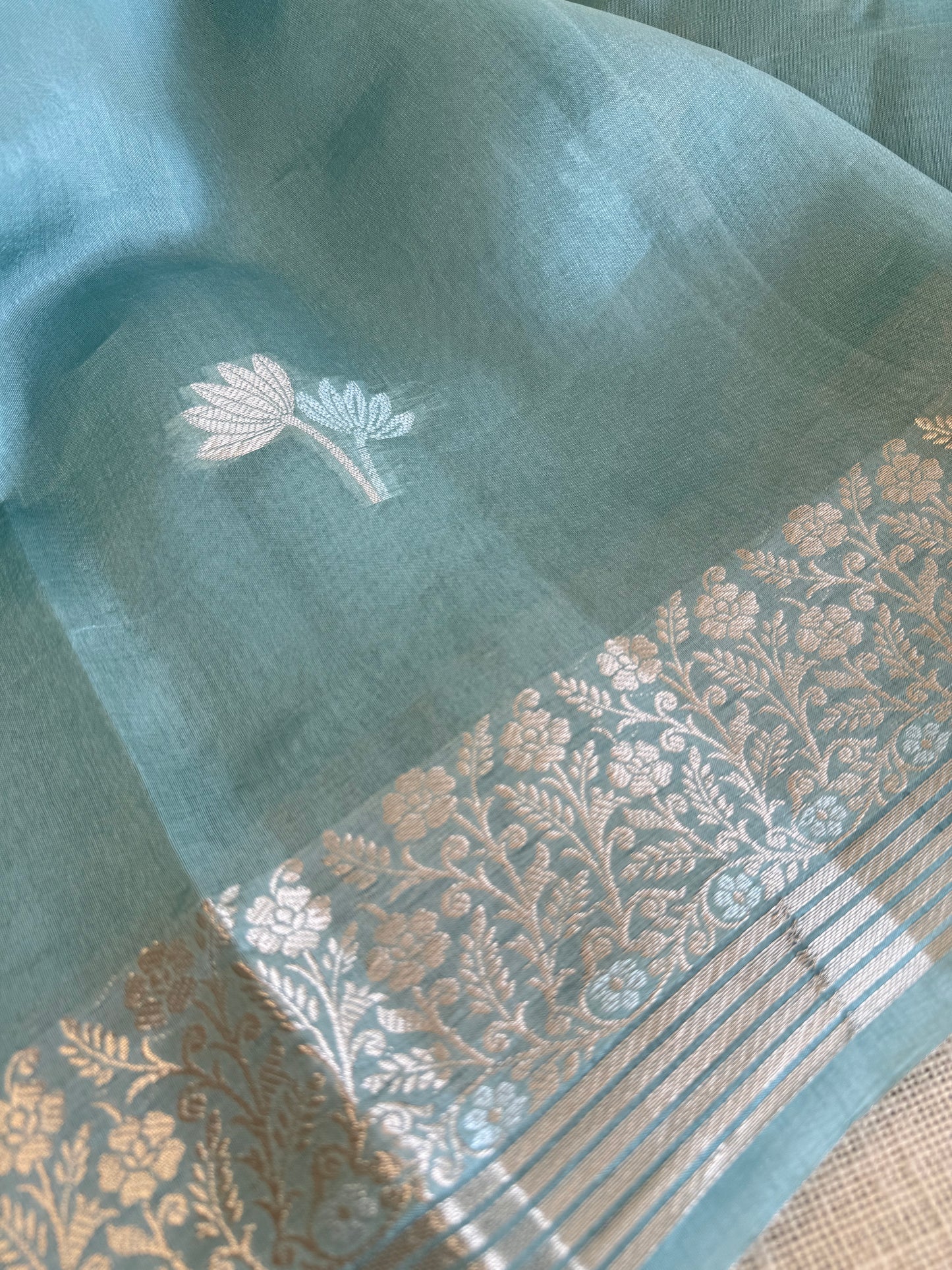 Pastel blue gold Zari flora thread Kora silk saree  