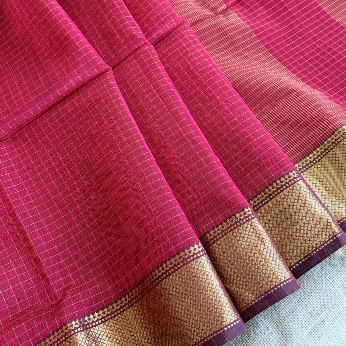 Rani pink Zari checked Maheshwari pure silk cotton saree