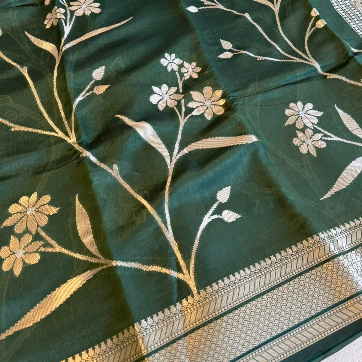 Bottle Green Pure Raw Mango Banarasi Silk Saree