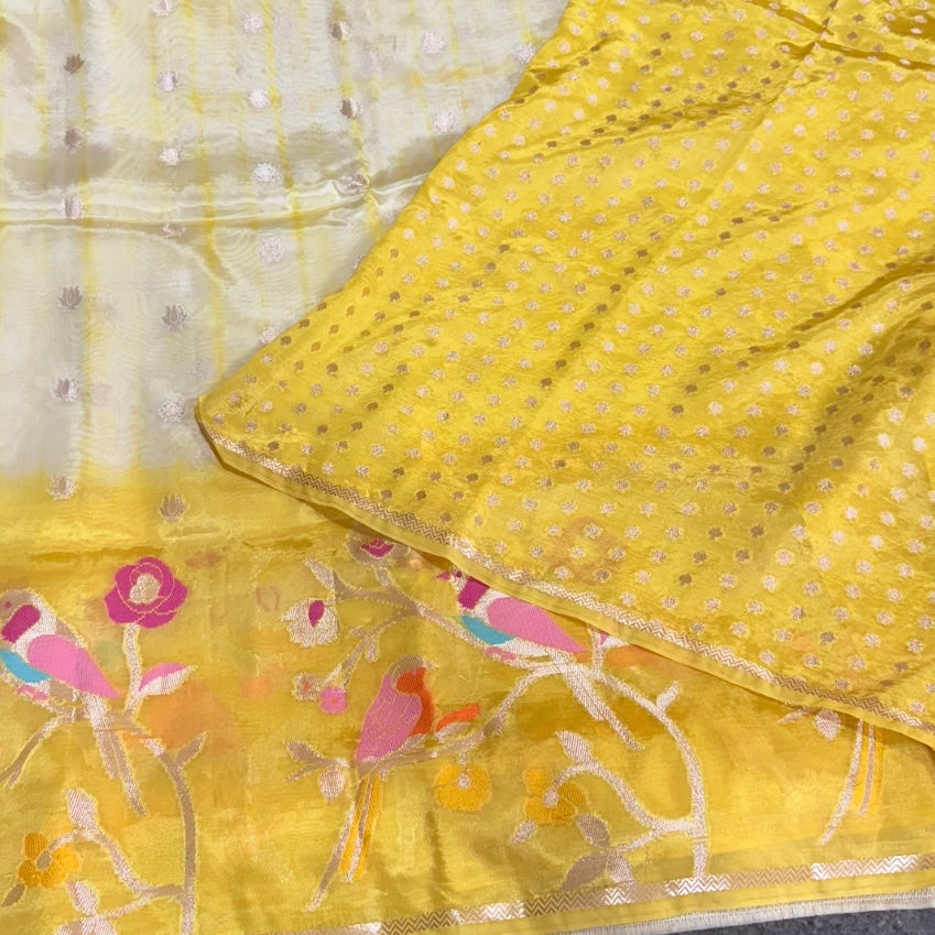 Yellow Off White Floral Paper Silk Saree