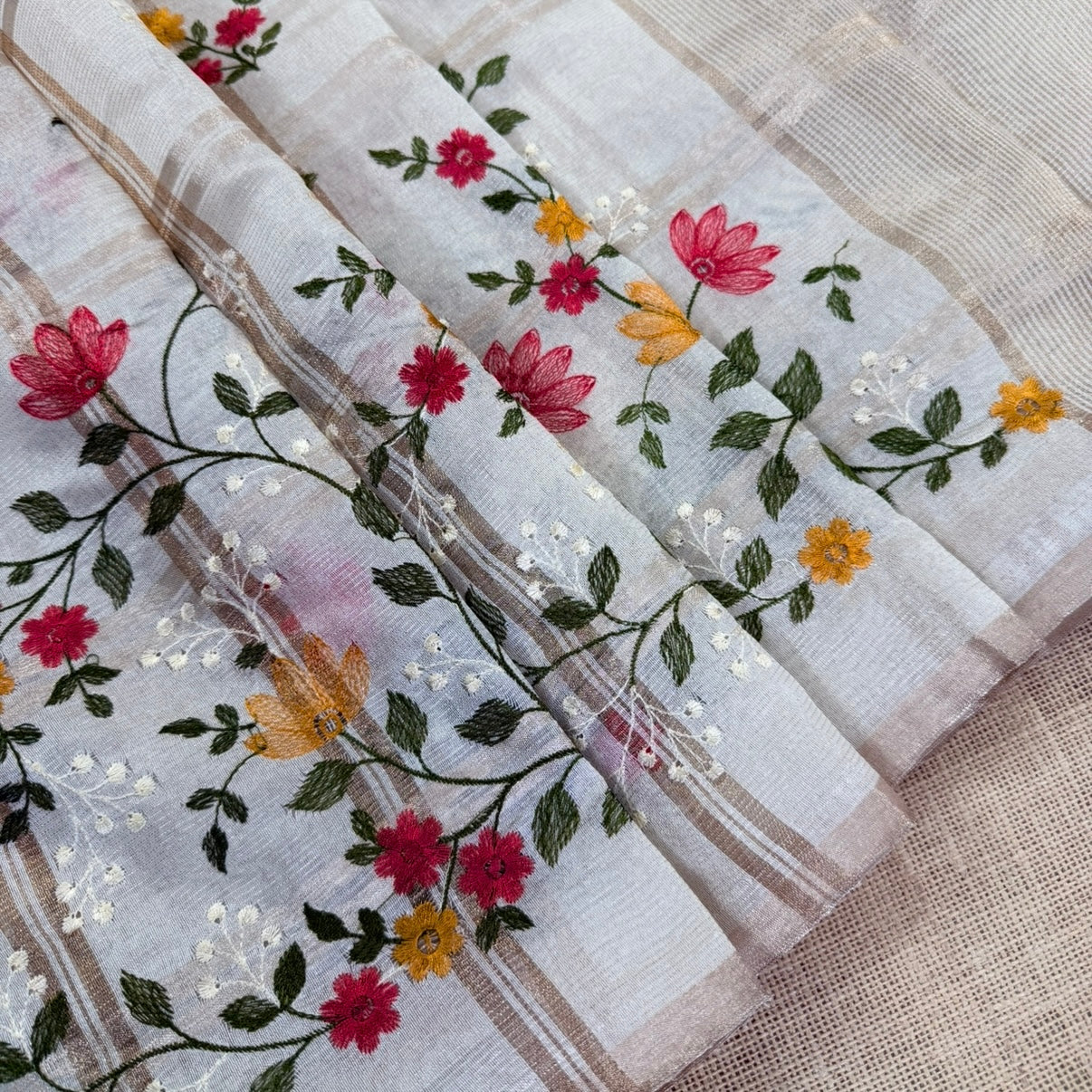 Off white Checks Floral Embroidery Semi Tussar Saree